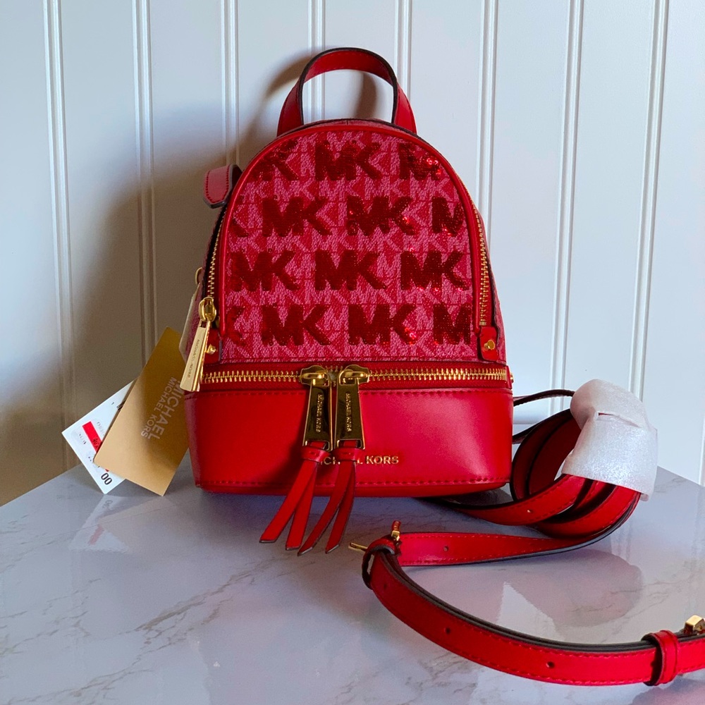 Michael Kors Rhea XS Convertible Sequins Crimson Backpack NWT Retail $358